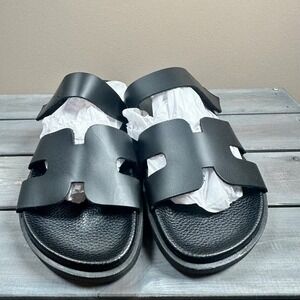 Yokono Black Leather Adjustable Strap Slides Sandals Women's US 7.5 EU 38‎